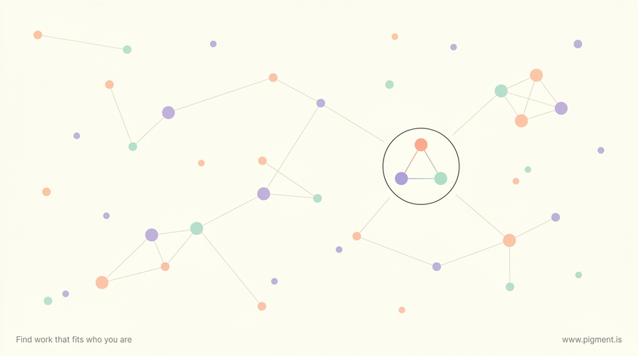 Abstract constellation of small peach, lavender, and mint dots on cream, joined in a few places into small triangles, with one cluster ringed to suggest a rare trait combination standing out from the field