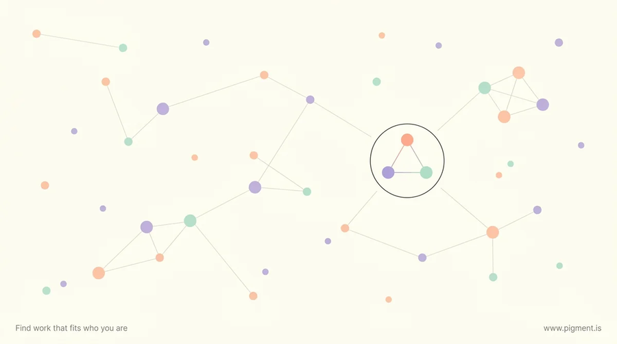 Abstract constellation of small peach, lavender, and mint dots on cream, joined in a few places into small triangles, with one cluster ringed to suggest a rare trait combination standing out from the field