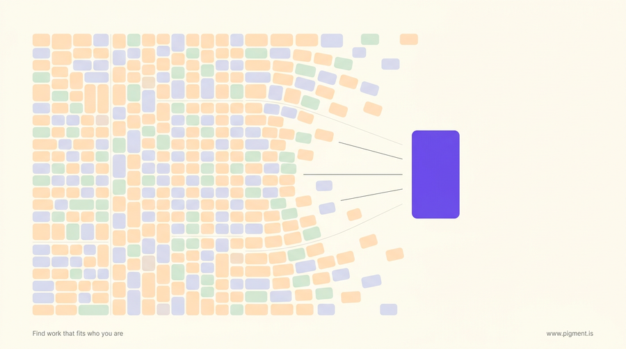 Abstract geometric image of tightly packed peach, lavender, and mint blocks thinning toward an open violet doorway on cream, evoking a way out of a job you feel trapped in.