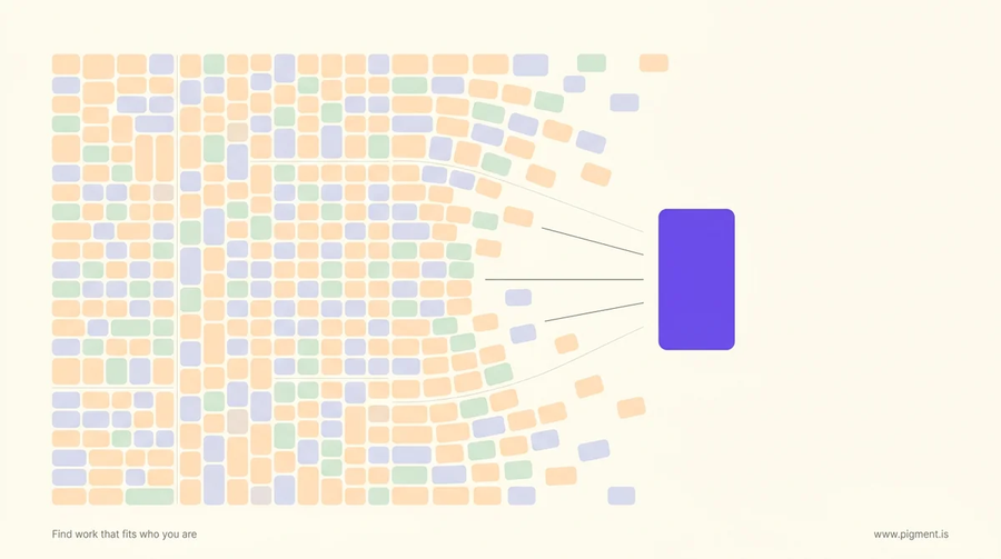 Abstract geometric image of tightly packed peach, lavender, and mint blocks thinning toward an open violet doorway on cream, evoking a way out of a job you feel trapped in.