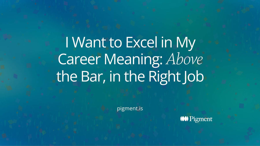 Abstract cover for the I want to excel in my career meaning guide: a row of pastel bars on cream, with one violet bar rising clearly above a thin charcoal line.