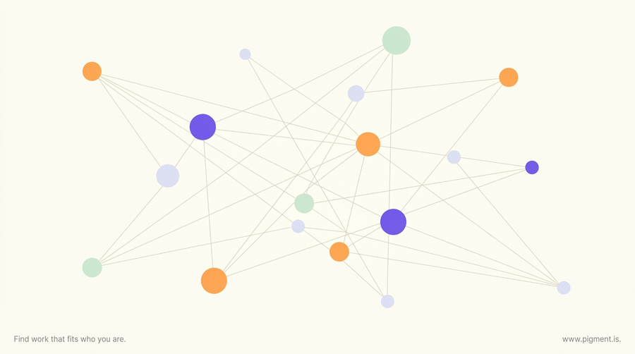Abstract warm-toned composition of connected nodes and thin lines forming a loose constellation, evoking the Ideation StrengthsFinder theme linking unrelated ideas.