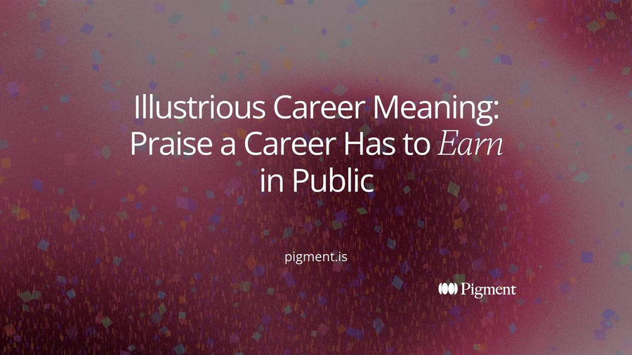 Abstract Pigment cover for illustrious career meaning: a line of small peach and lavender dots rising left to right toward a larger violet circle ringed by thin lines of light, on cream.