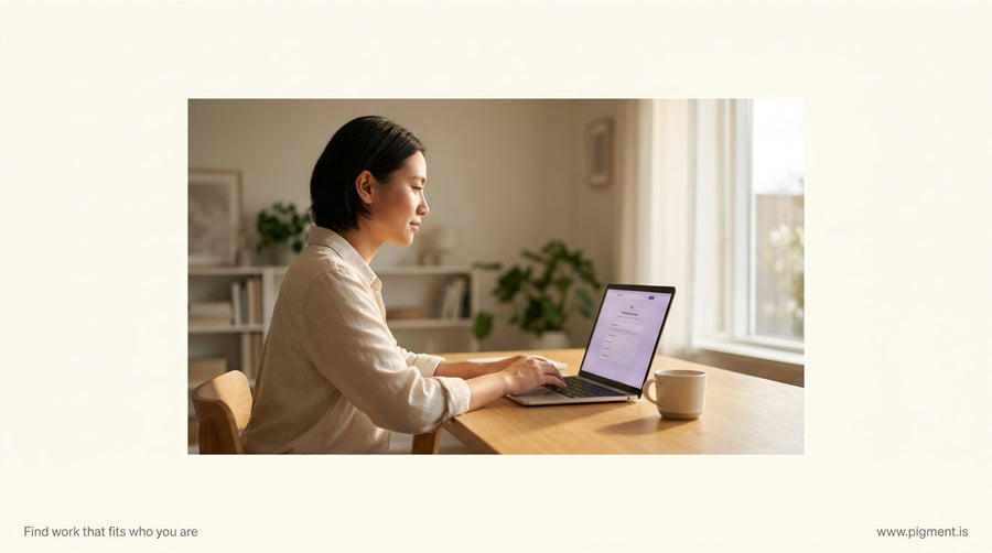 A person sitting at a clean wooden desk reviewing career assessment results on a laptop, with a thoughtful and focused expres