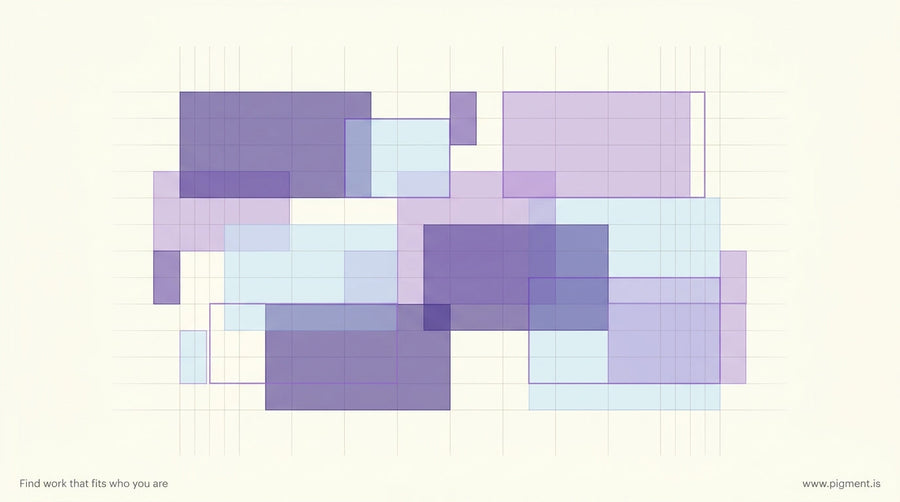 Abstract geometric composition of overlapping translucent layered shapes in violet, lavender, and blue tones on a warm off-wh
