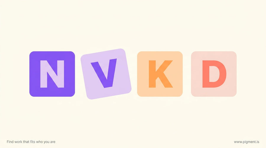 Abstract composition of four translucent letter tiles floating in soft geometric space, one tile slightly out of alignment, s