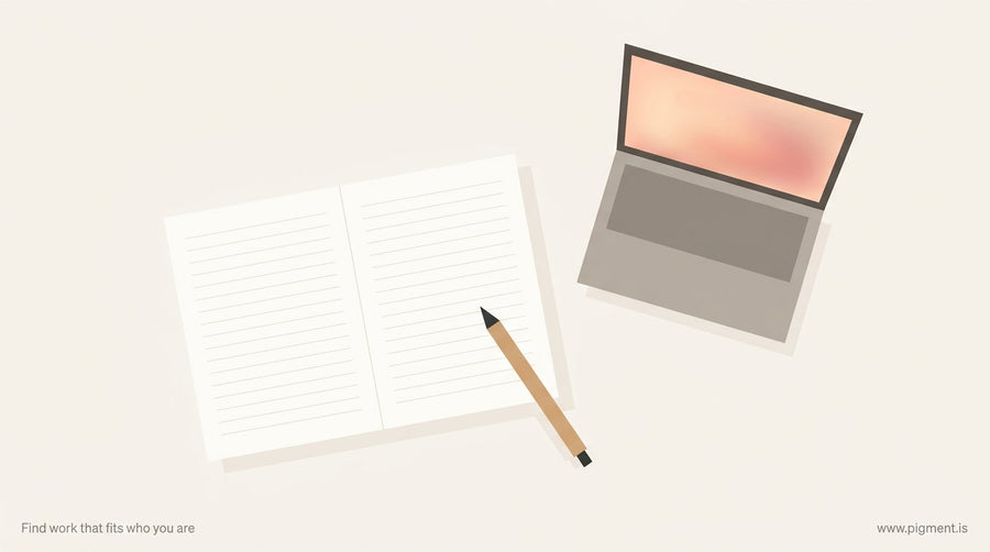 A calm overhead view of a desk with an open notebook, a pen, and a softly glowing laptop in the background, suggesting though
