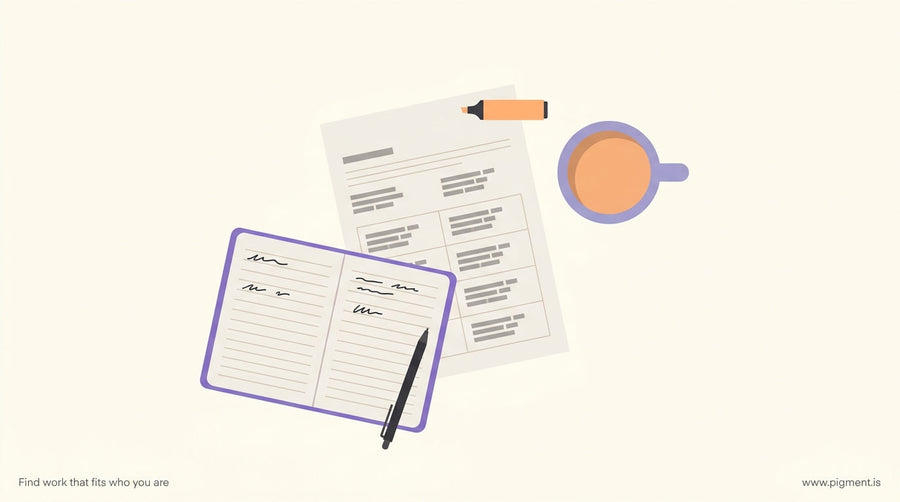 Abstract editorial composition evoking thoughtful career reflection — a printed assessment document, a coffee cup, and an ope