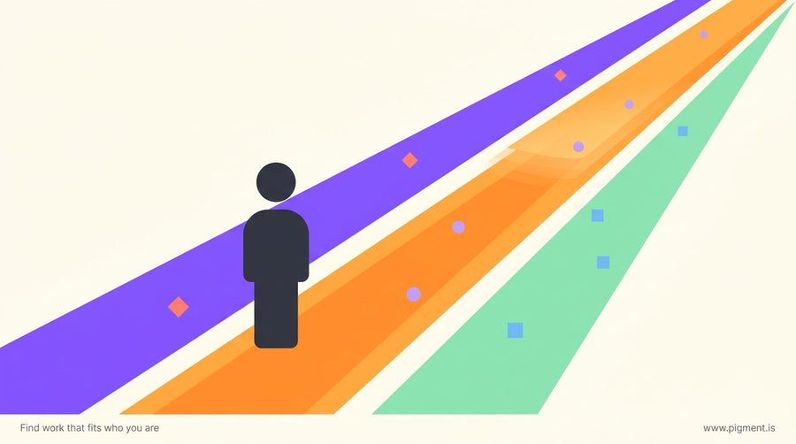 Abstract geometric illustration of glowing pathways diverging from a central point, representing multiple career directions w