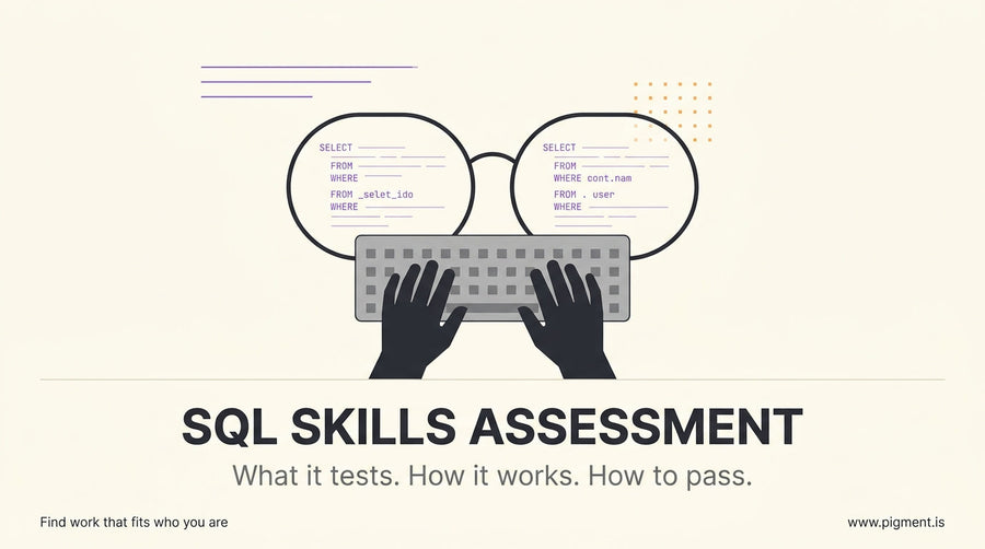 Abstract hero image representing focused technical concentration before an SQL skills assessment, with geometric code-like fo