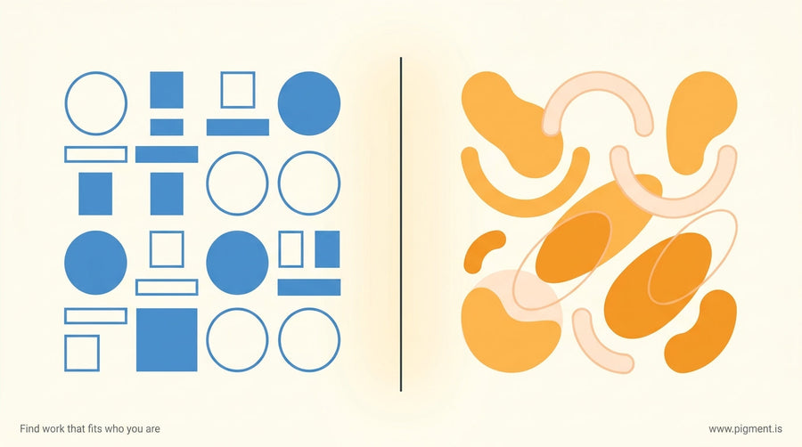 Abstract split composition showing two layers of a professional profile — geometric logic shapes in cool blue on the left, fl
