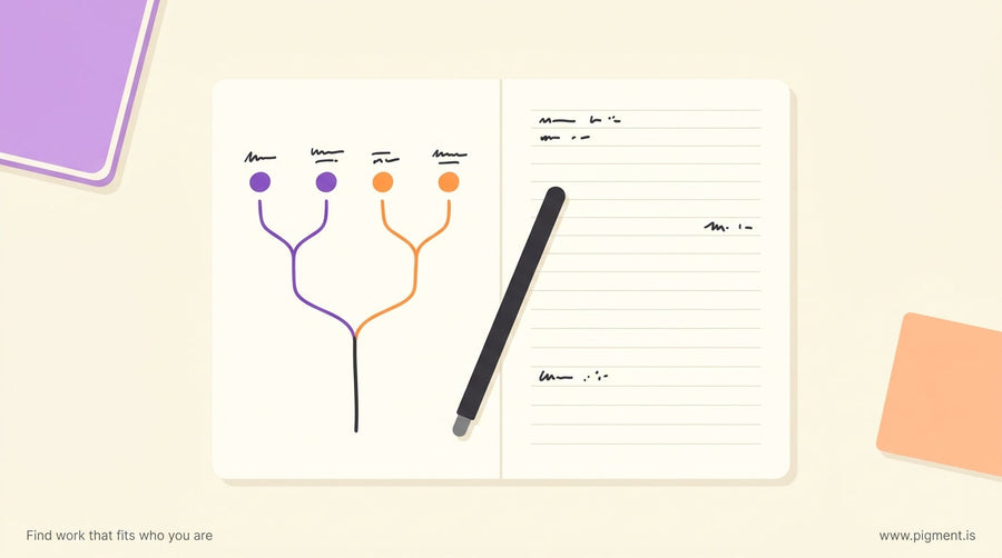 Abstract overhead view of a student's desk with a notebook showing hand-drawn branching career path map, a pen resting across