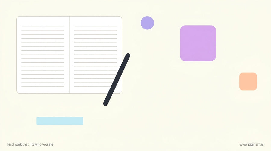 Abstract overhead view of a clean desk with a notebook, pen, and soft geometric shapes suggesting ordered thinking and calm p