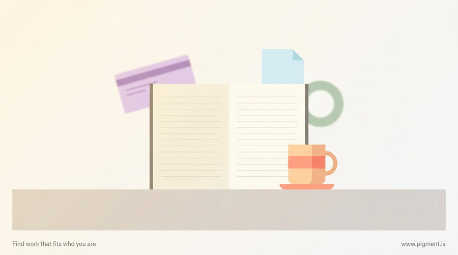 A warm, contemplative flat-vector composition of an open notebook beside a coffee cup on a desk surface, with soft abstract c