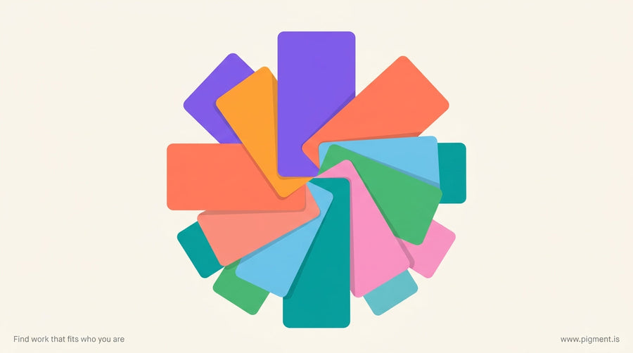 Abstract hero composition of overlapping color-coded geometric cards arranged in a radial pattern on a warm off-white backgro