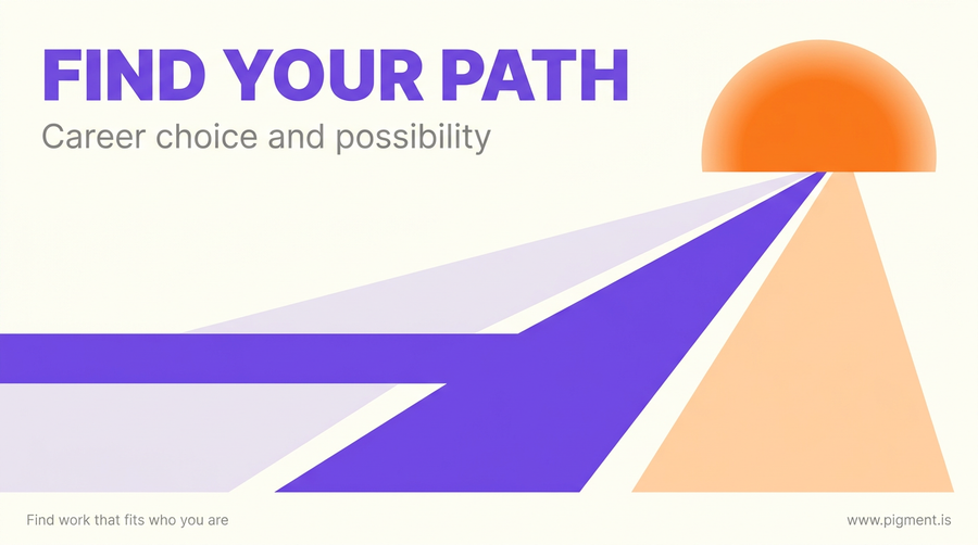 Abstract geometric illustration of multiple diverging pathway shapes extending toward a bright horizon, symbolizing career choice and possibility on a warm off-white background.