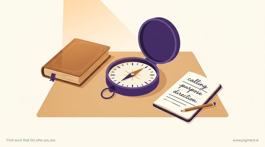 Abstract warm editorial composition combining a compass, a worn book, and handwritten notes on a desk — representing faith-ba