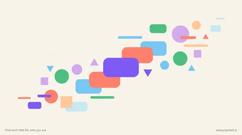 Abstract geometric composition with floating assessment framework shapes in violet, coral, blue, and green on a warm off-whit