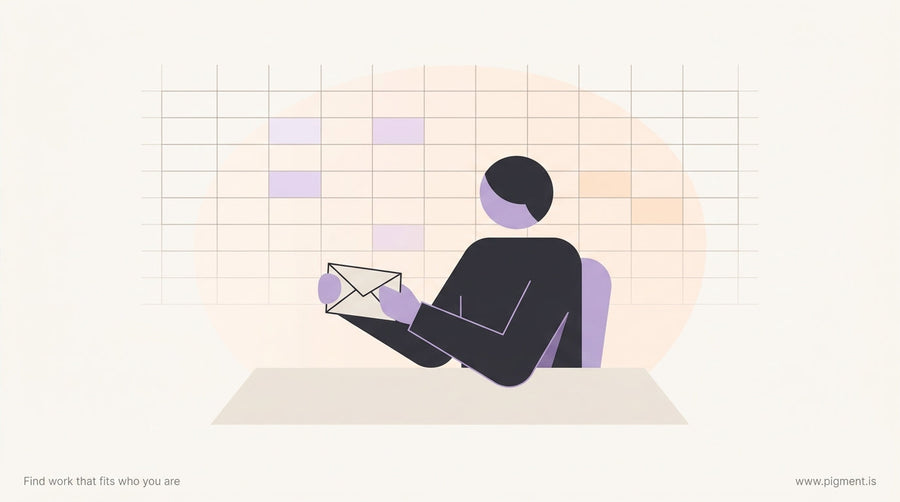 Abstract hero illustration of a person holding a sealed envelope at a desk, with faint behavioral grid patterns in the backgr
