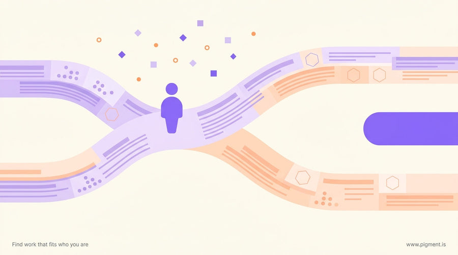 Abstract hero illustration showing a figure standing at a branching path composed of flowing geometric document shapes, occup