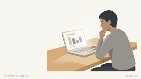 A person sits at a desk with a laptop open, test results visible on the screen, expression contemplative and thoughtful. Soft