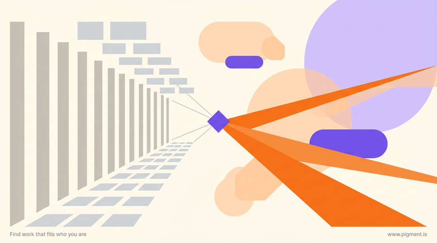 Abstract geometric illustration of two diverging paths on a warm off-white background, one structured and linear, one open and expansive, representing the choice between a traditional academic path and a gap year.
