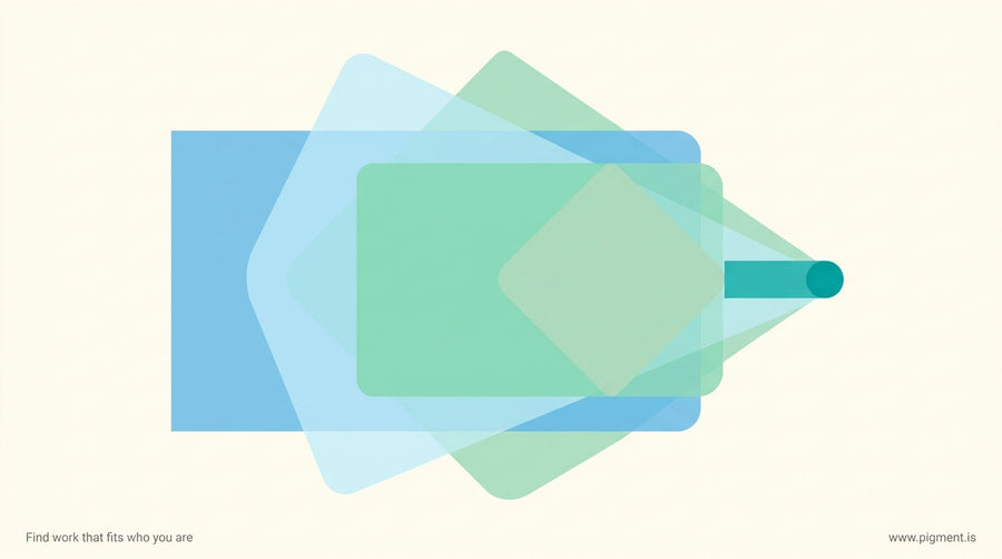 Abstract geometric composition of overlapping translucent layered shapes in blues and greens suggesting multiple dimensions o