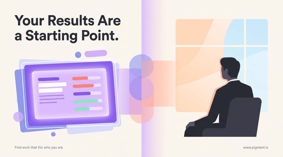 Person reflecting on career assessment results, considering next steps — abstract split composition with warm aspirational li