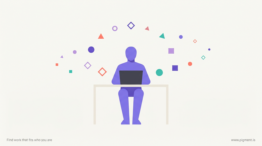 Abstract geometric hero image showing a professional figure at a laptop surrounded by floating cultural symbols representing working style adaptation challenges across different work environments.