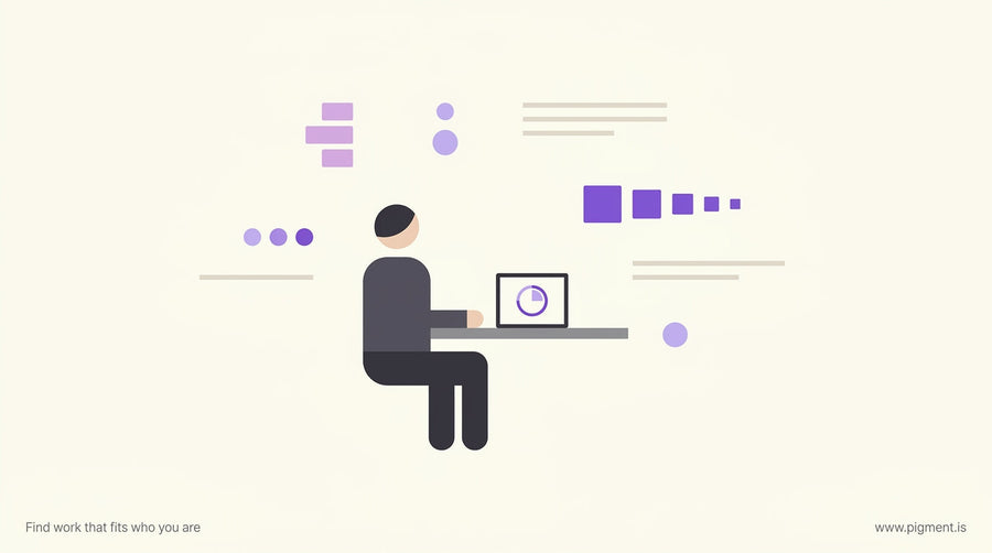 Abstract editorial illustration of a calm figure seated at a minimal desk, a timer on screen, surrounded by subtle geometric 