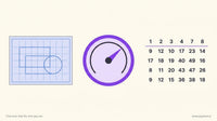 Abstract flat vector composition of technical blueprints, a mechanical gauge, and a number grid arranged on a warm off-white 