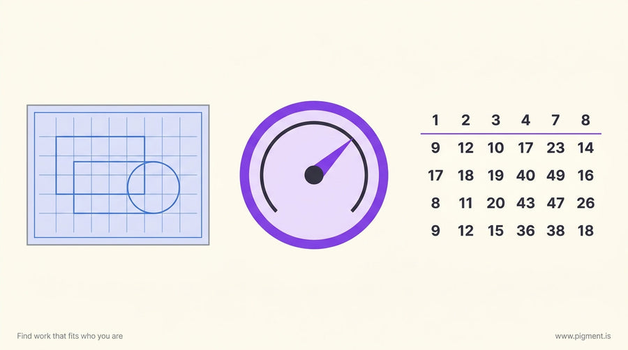 Abstract flat vector composition of technical blueprints, a mechanical gauge, and a number grid arranged on a warm off-white 