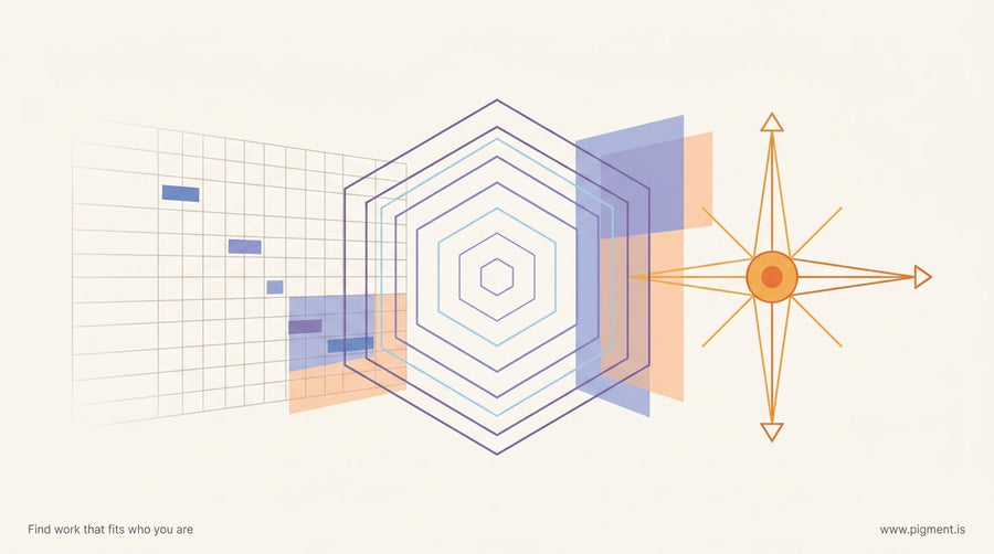 Abstract hero image featuring overlapping project planning grids, geometric cognitive pattern diagrams, and a compass rose re