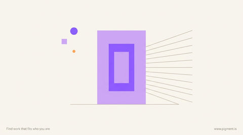 Abstract geometric composition of a luminous open doorway shape in violet and lavender on a warm off-white background, symbol