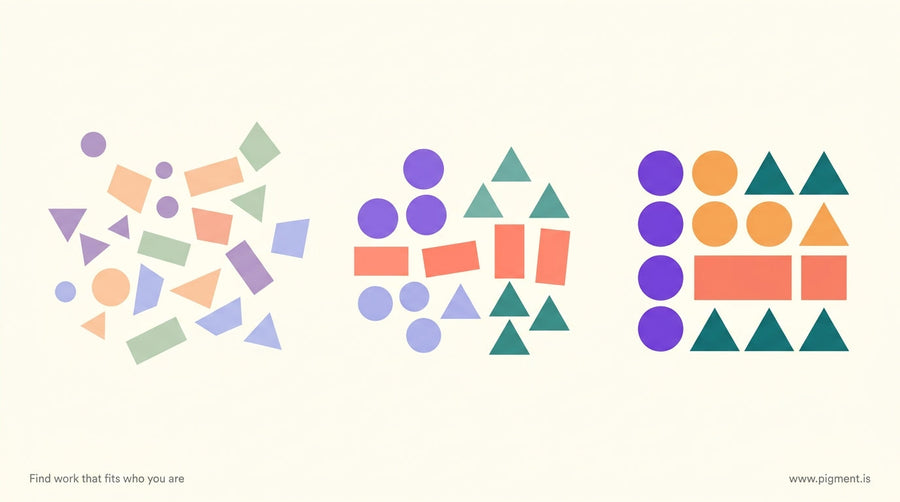 Abstract geometric shapes in muted tones gradually coalescing into a clear ordered pattern, suggesting clarity emerging from 