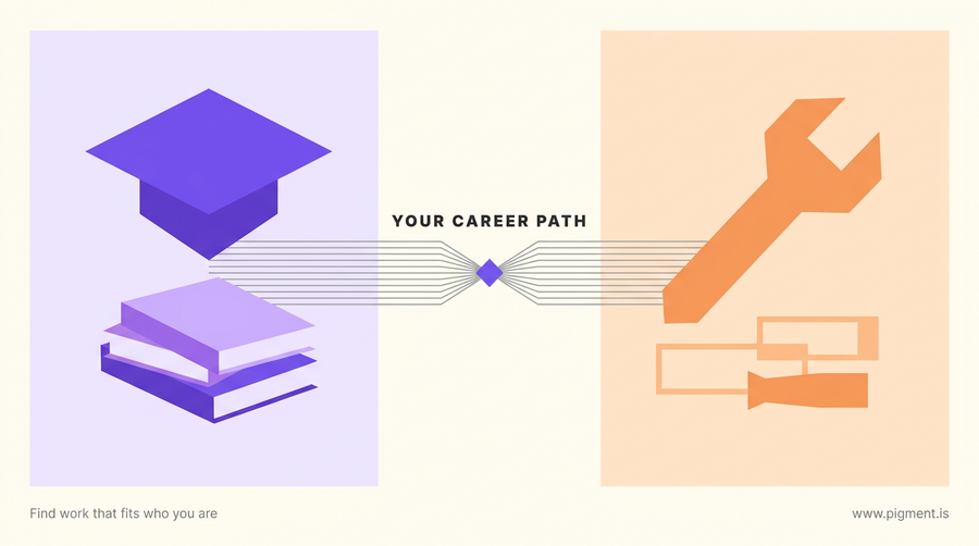 Abstract geometric hero image contrasting two career paths: academic symbols on one side and skilled trade symbols on the other, connected by a bridge shape, representing the choice between academic and vocational training.