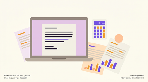 Warm aspirational flat illustration of a professional workspace with a laptop showing a cover letter draft, a calculator with salary figures, and research documents, suggesting strategic career planning.