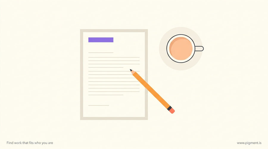 Abstract overhead flat-lay composition of a clean desk with a printed document, a pencil, and a coffee cup on a warm cream ba