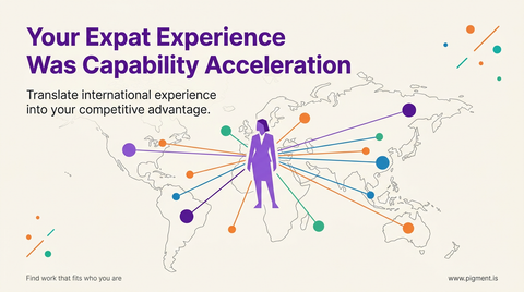 Abstract flat vector illustration of a professional figure at center with radiating connection lines spanning a stylized world map, representing the global perspective and competitive advantage built through international experience.