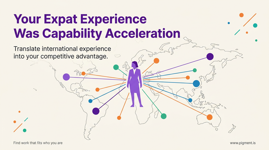 Abstract flat vector illustration of a professional figure at center with radiating connection lines spanning a stylized world map, representing the global perspective and competitive advantage built through international experience.