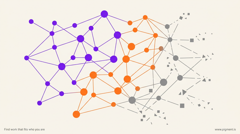 Abstract flat vector composition of interconnected nodes and career pathway lines, with some paths glowing in violet and orange while others fade into fragmented geometric shapes, representing sustainable versus obsolete remote careers.