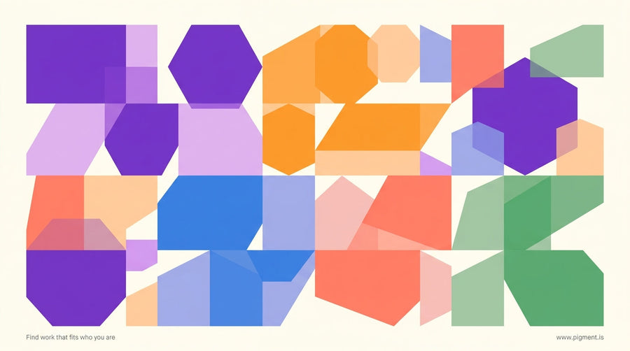 Abstract mosaic of overlapping geometric shapes in violet, orange, blue, coral, green, and lavender tones representing indivi