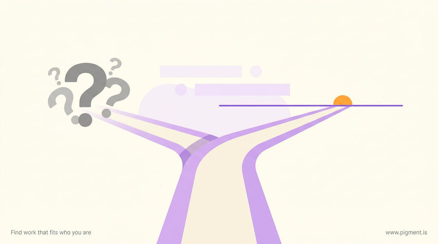 Abstract minimalist illustration of a forked path with one direction showing question marks and the other suggesting clarity 