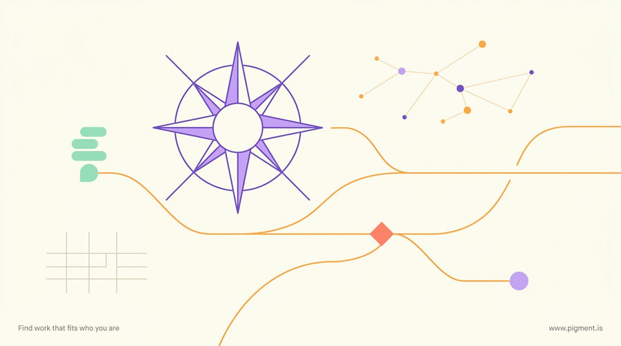 Abstract hero illustration showing winding career pathways, a compass rose, and geometric landmark shapes in violet, orange, 