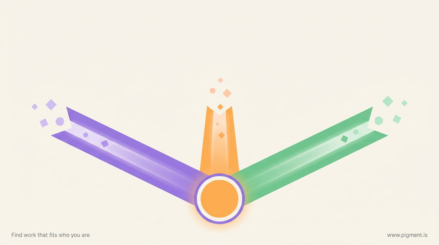 Abstract geometric hero image showing diverging illuminated pathways in violet, orange, and green on a warm off-white backgro