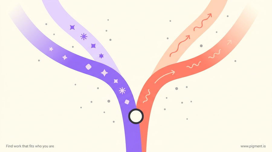 Abstract hero image showing two diverging paths through a minimalist landscape representing the difference between interest-b