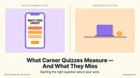Split composition contrasting a colorful playful quiz interface on the left with a calm professional workspace on the right, 