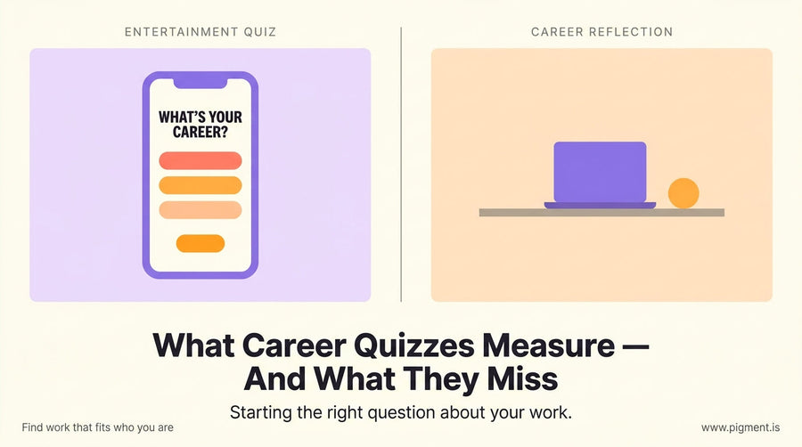 Split composition contrasting a colorful playful quiz interface on the left with a calm professional workspace on the right, 
