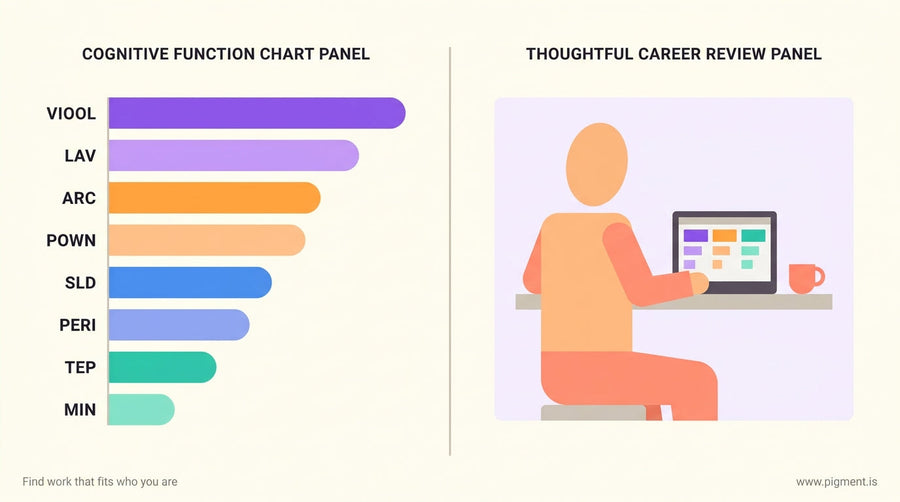 Abstract split composition showing a cognitive function scoring chart on one side and a person thoughtfully reviewing career 
