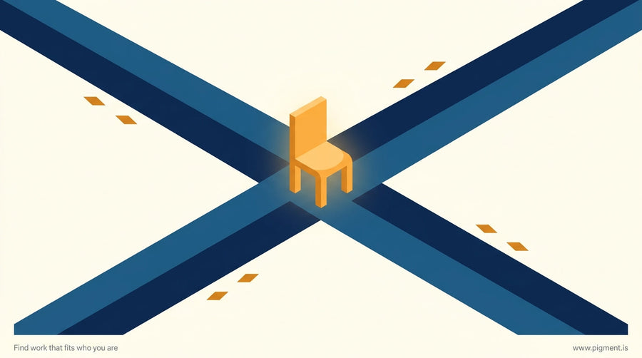 Abstract geometric hero image showing a single illuminated seat at a crossroads of pathways, rendered in deep blue and warm a